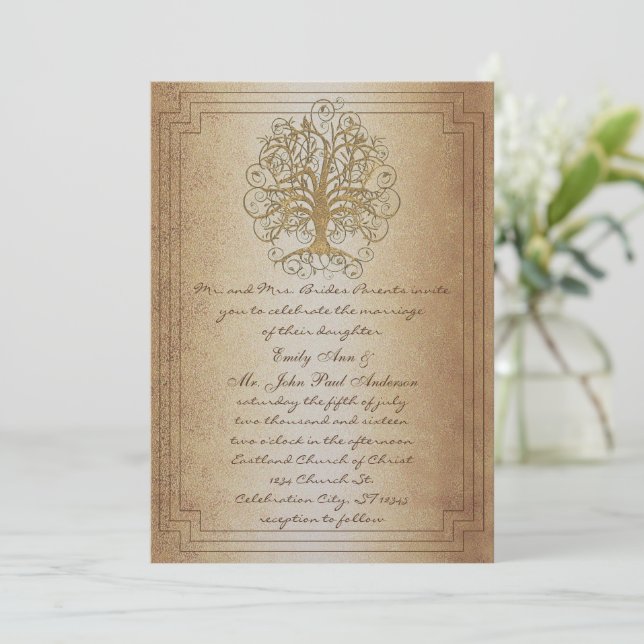 Gold Swirl Tree Gold  Metallic Wedding Invitation (Standing Front)