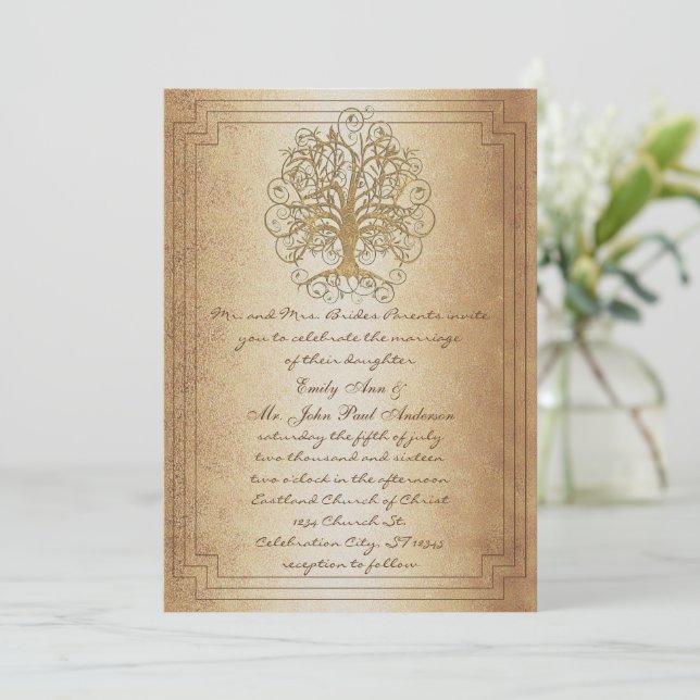 Gold Swirl Tree Gold Wedding Invitation (Standing Front)