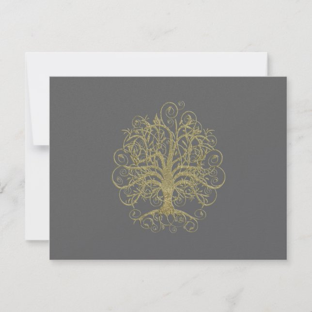 Gold Swirl Tree Grey Wedding  Response Card RSVP (Front)