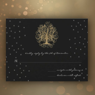 Gold Swirl Tree on Black Metallic Wedding RSVP Card