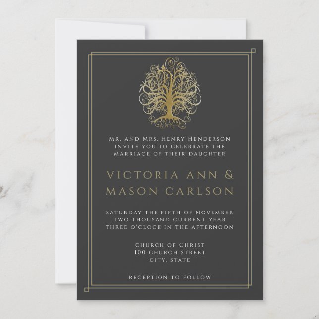 Gold Swirl Tree Roots of Love Wedding Invitation 2 (Front)