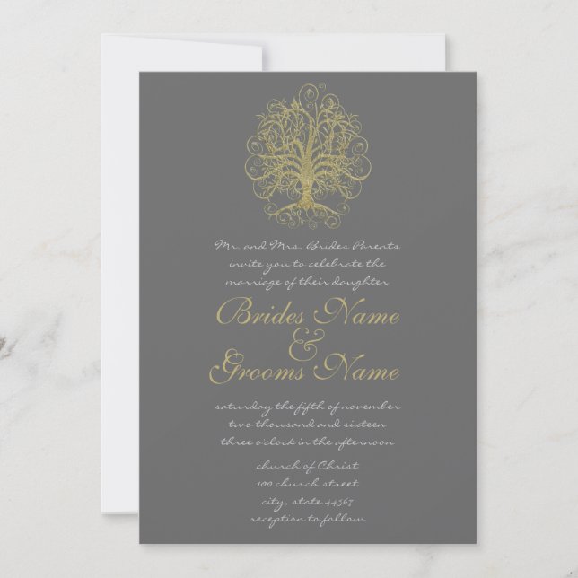 Gold Swirl Tree Roots of Love Wedding Invite #4 (Front)