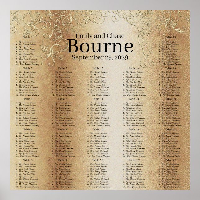 Gold Swirl Wedding Seating Chart (Front)