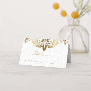 Gold Swirl & White Damasks Place Card