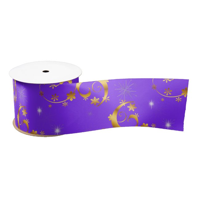 Gold Swirls and Stars Purple Christmas Satin Ribbon (Spool)