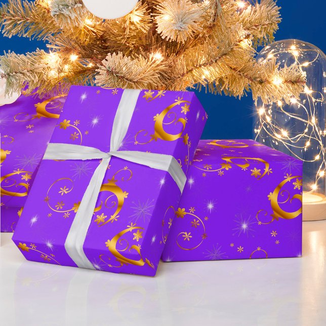 Gold Swirls and Stars Purple Christmas Wrapping Paper (Creator Uploaded)