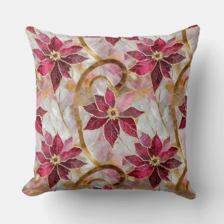 Gold Swirls Burgundy Pink Christmas Poinsettias Cushion