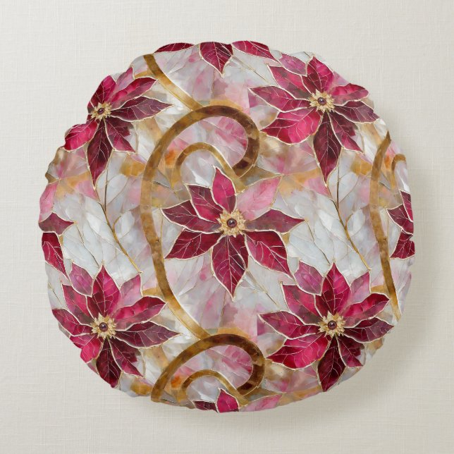 Gold Swirls Burgundy Pink Christmas Poinsettias Round Cushion (Front)
