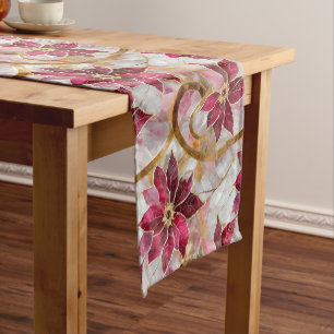 Gold Swirls Burgundy Pink Christmas Poinsettias Short Table Runner