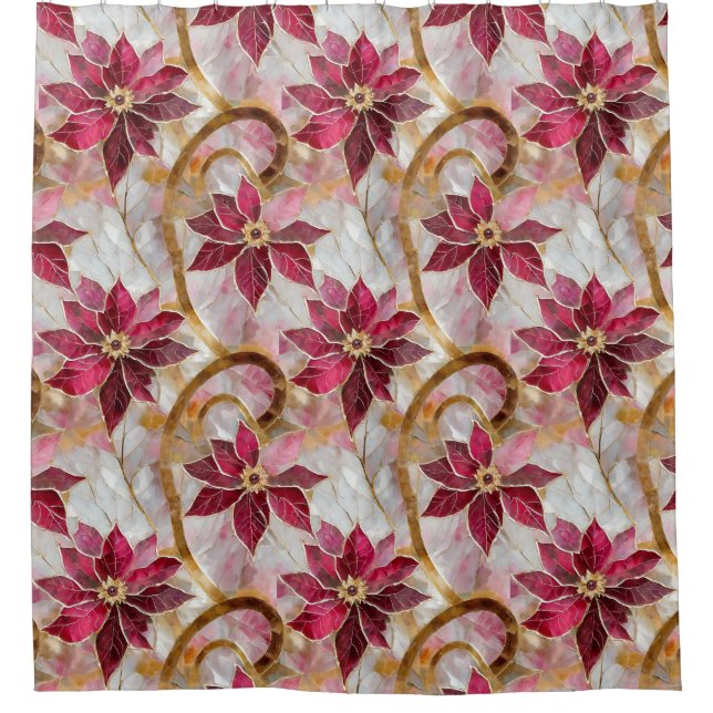 Gold Swirls Burgundy Pink Christmas Poinsettias Shower Curtain (Front)
