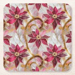 Gold Swirls Burgundy Pink Christmas Poinsettias Square Paper Coaster