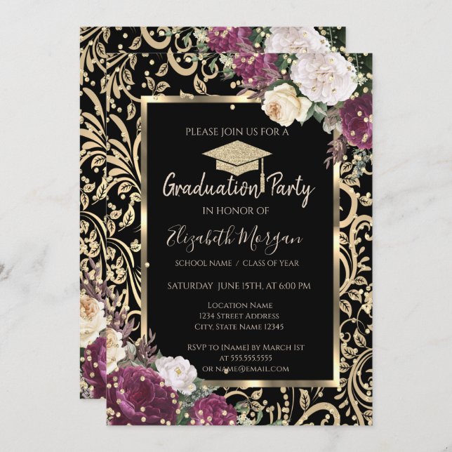 Gold Swirls Diamonds Burgundy Flowers Graduation  Invitation (Front/Back)