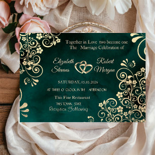 Gold Swirls Emerald Green Wedding  Invitation