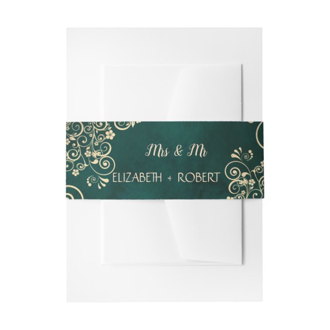 Gold Swirls Emerald Green Wedding  Invitation Belly Band (Front Example)