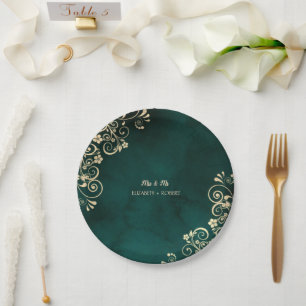 Gold Swirls Emerald Green Wedding  Paper Plate