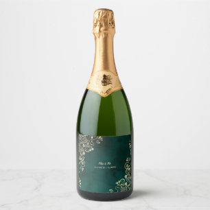 Gold Swirls Emerald Green Wedding Sparkling Wine Label