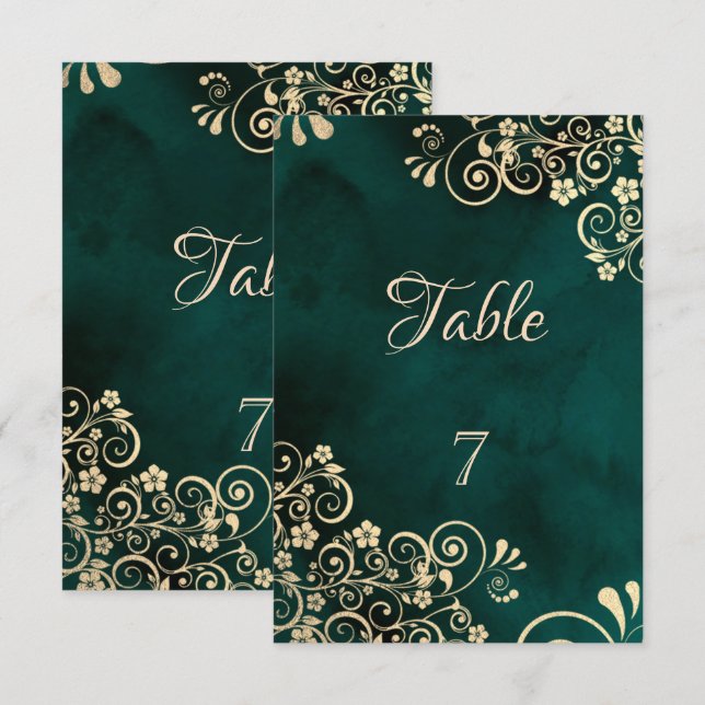 Gold Swirls Emerald Green Wedding Table Number (Front/Back)