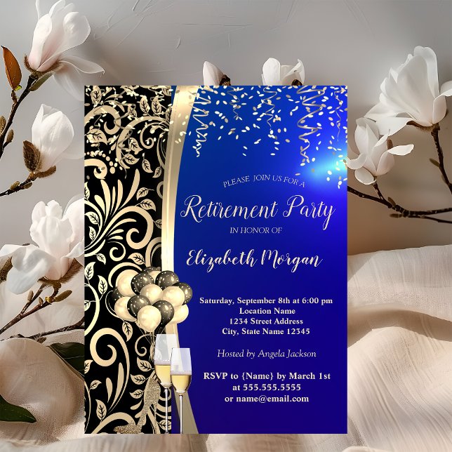 Gold Swirls Glas,High Heels,Blue Retirement  Invitation (Creator Uploaded)
