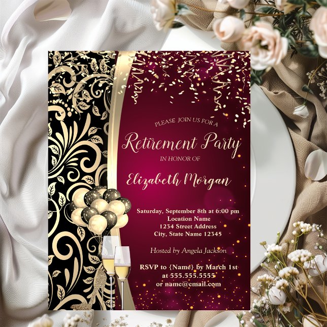 Gold Swirls Glas,High Heels,Red Retirement   Invitation (Creator Uploaded)