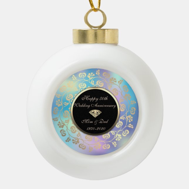 Gold  Swirls Holographic 50th Wedding Anniversary Ceramic Ball Christmas Ornament (Front)
