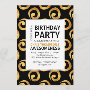 Gold Swirls on Black Modern Birthday Party Invitation