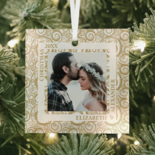 Gold Swirls Photo Glass Tree Decoration