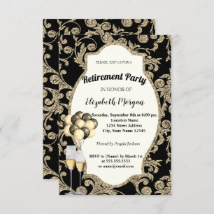 Gold Swirls Wine Glas , Ballons, Retirement Party Invitation