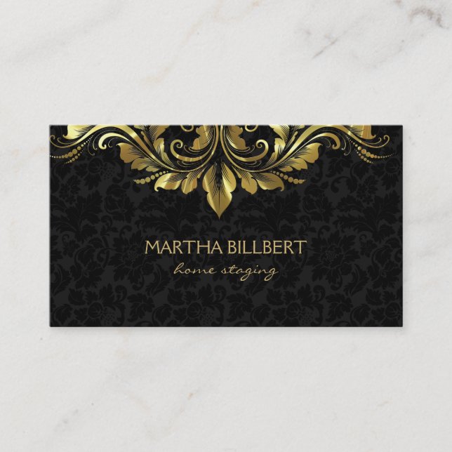 Gold Swirly Lace On Black Damasks Business C Card (Front)