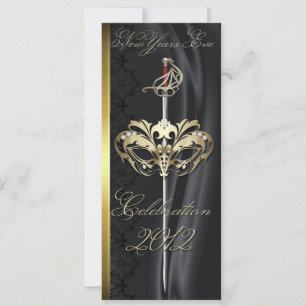 Gold Sword Masquerade Black New Years Invitation