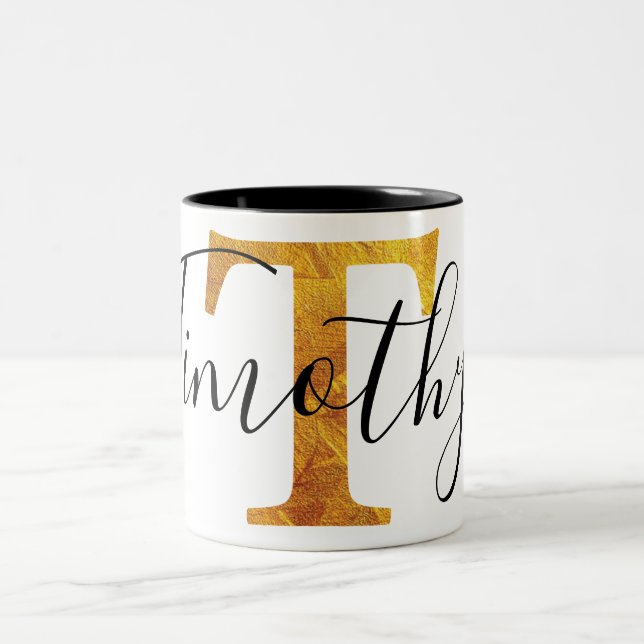 Gold 'T' Monogram w/ Personalised Name Two-Tone Coffee Mug (Center)