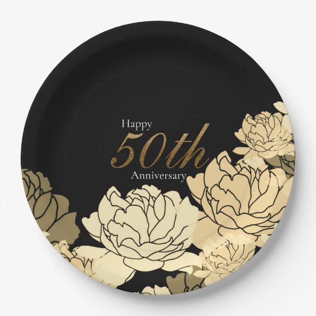Gold, tan and beige 50th anniversary rose print pa paper plate (Front)