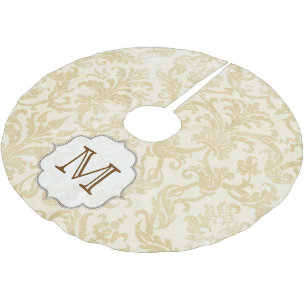 Gold Tan Damask Lace Monogram Initial Tree Skirt