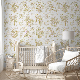Gold Tan Toile Floral Teddy Bear Elegant Classic Wallpaper