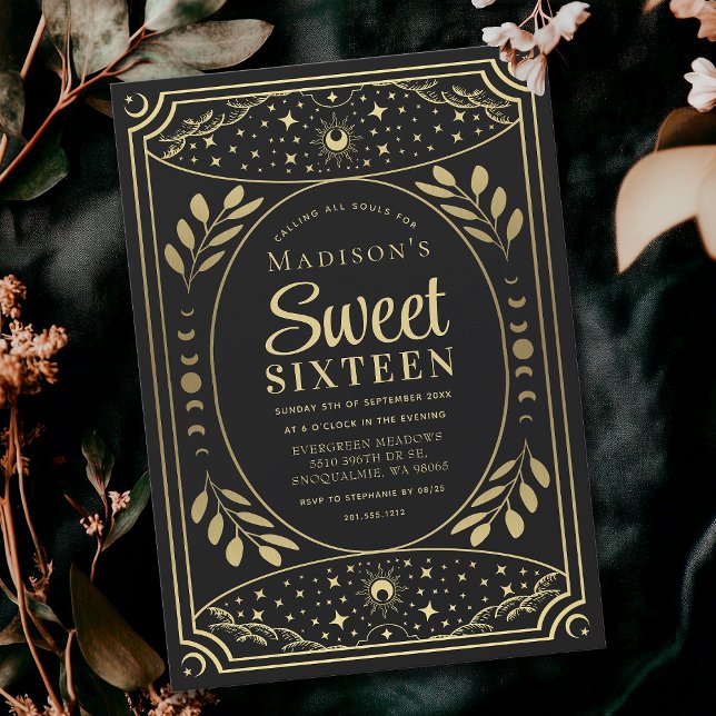 Gold Tarot Witchy Sweet 16 Birthday Party Invitation (Creator Uploaded)