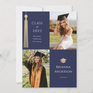 Gold Tassel & Cap 2 Photo Blue Graduation Invitation