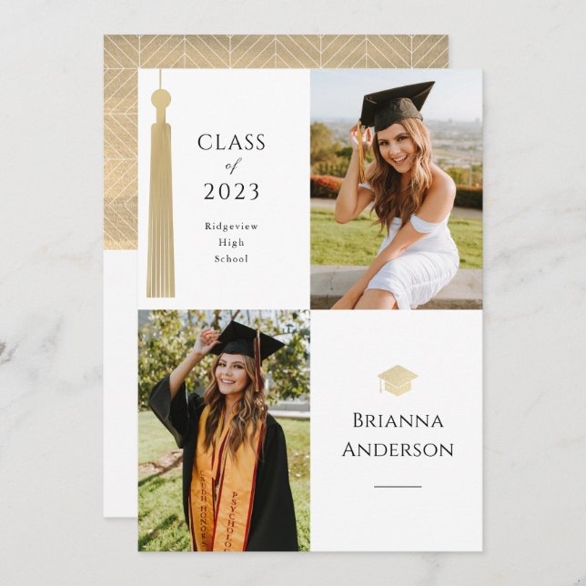 Gold Tassel & Cap 2 Photo Graduation Announcement (Front/Back)