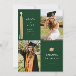 Gold Tassel & Cap 2 Photo Green Graduation Invitation