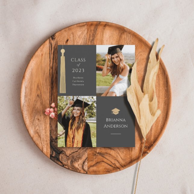 Gold Tassel & Cap 2 Photo Grey Graduation Announcement Postcard (Creator Uploaded)