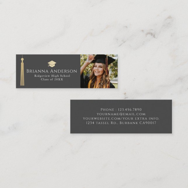 Gold Tassel & Cap Grey Graduation Insert Name Card (Front/Back)