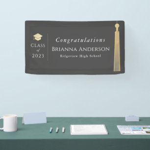 Gold Tassel & Cap Grey Graduation Party Banner