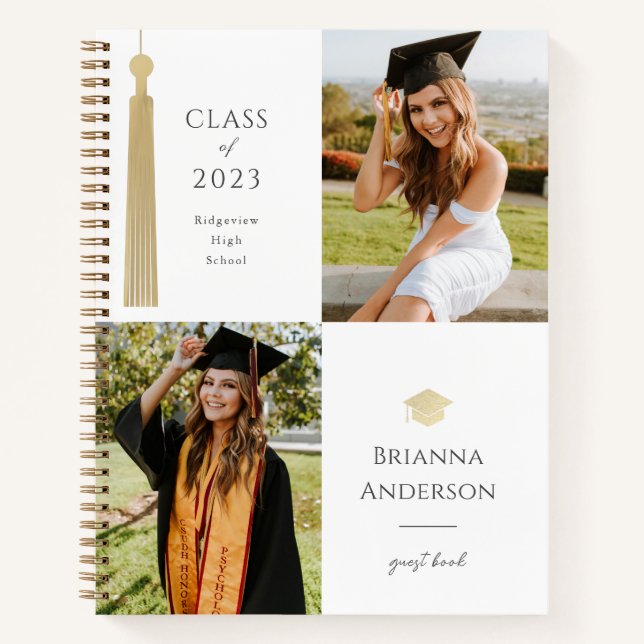 Gold Tassel & Cap White 2 Photo Graduation  Notebook (Front)