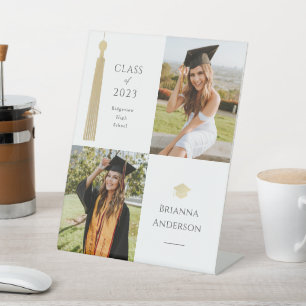 Gold Tassel & Cap White 2 Photo Graduation Pedestal Sign