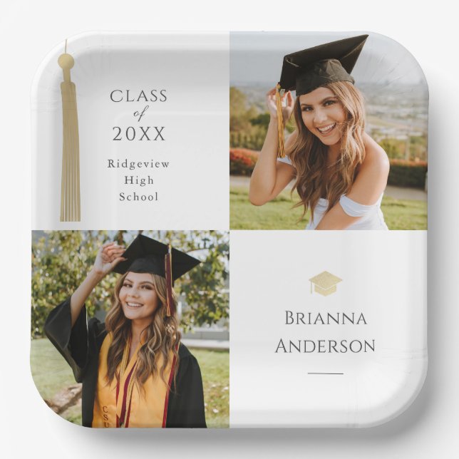Gold Tassel & Cap White Photo Graduation Paper Plate (Front)