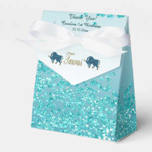 Gold Taurus & Teal Blue Glitter Birthday Favour Box