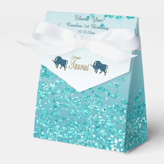 Gold Taurus & Teal Blue Glitter Birthday Favour Box (Front Side)