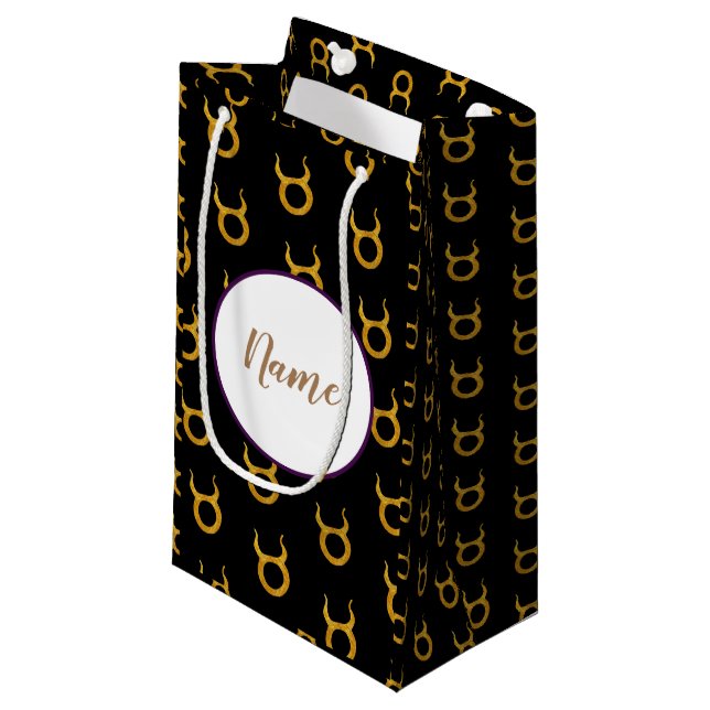 Gold Taurus Zodiac Astrology Sign Personalised Small Gift Bag (Front Angled)