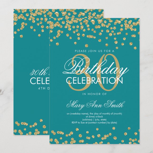 Gold Teal 30th Birthday Glitter Confetti Invitation (Front/Back)