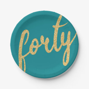 Gold Teal 40 Birthday Party Glitter "Forty" Paper Plate