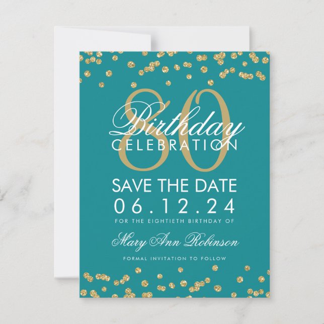 Gold Teal 80th Birthday Save Date Confetti Save The Date (Front)