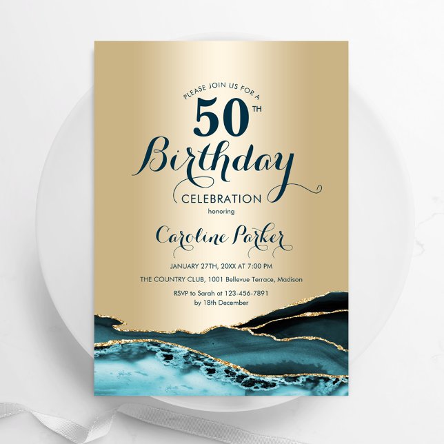 Gold Teal Agate 50th Birthday Invitation (Creator Uploaded)